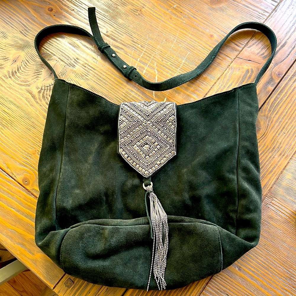 Anthropologie Nadia Olive Green Suede Beaded Crossbody Tote